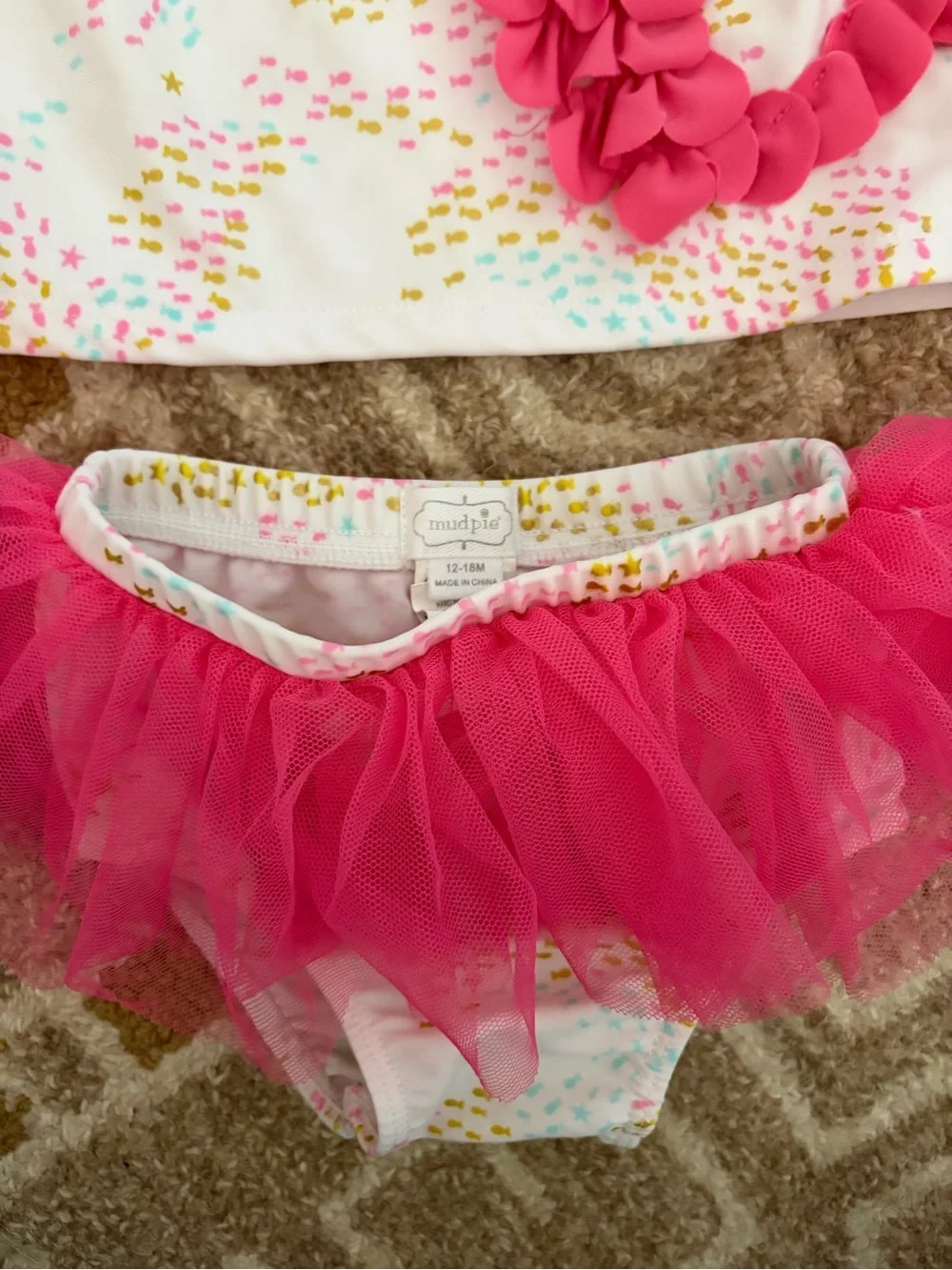 Mud Pie Kids Swim Two-Piece White Top with Pink Tulle Mermaid Skirt